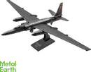 Metal Earth U-2 Dragon Lady model showcasing the detailed, sleek design of the aircraft. Features include extended wings, a detailed fuselage, and mounted on a stand labeled LOCKHEED U-2, with a matte black finish that mimics the original plane's appearance.