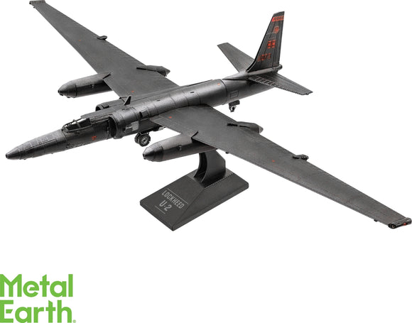 Metal Earth U-2 Dragon Lady model showcasing the detailed, sleek design of the aircraft. Features include extended wings, a detailed fuselage, and mounted on a stand labeled LOCKHEED U-2, with a matte black finish that mimics the original plane's appearance.