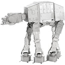 A detailed Metal Earth DIY kit showcasing an intricately designed AT-AT walker from Star Wars. The model features precise metal craftsmanship with a shiny silver finish and movable parts, ideal for hobbyists and fans of the franchise.