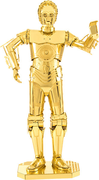A shiny gold DIY model kit of C-3PO from Star Wars, standing upright with one arm raised. The intricate metal design showcases detailed features and a sleek finish, perfect for collectors and Star Wars enthusiasts.