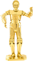 A shiny gold DIY model kit of C-3PO from Star Wars, standing upright with one arm raised. The intricate metal design showcases detailed features and a sleek finish, perfect for collectors and Star Wars enthusiasts.
