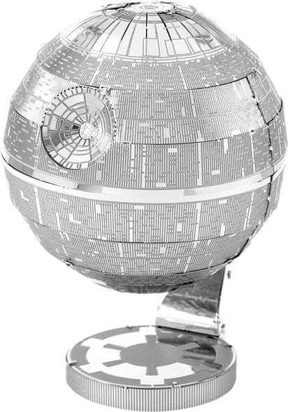 Metal Earth SW Death Star DIY kit by Fascinations, featuring a highly detailed 3D metallic model of the iconic space station from Star Wars. The model showcases intricate engravings, a detachable base, and a glossy silver finish, making it an impressive collectible and craft project.