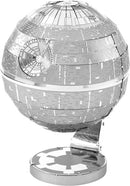 Metal Earth SW Death Star DIY kit by Fascinations, featuring a highly detailed 3D metallic model of the iconic space station from Star Wars. The model showcases intricate engravings, a detachable base, and a glossy silver finish, making it an impressive collectible and craft project.