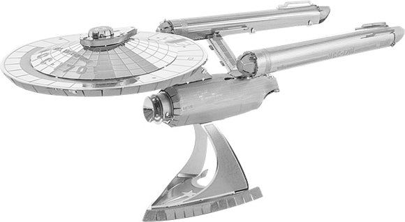 Metal Earth NCC-1701 DIY kit showcasing the detailed metallic model of the iconic Starship Enterprise from Star Trek, featuring intricate structures and a sleek design.