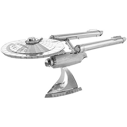 A detailed Metal Earth model kit of the NCC-1701 starship from Star Trek. The metallic model features intricate design elements, showcasing the iconic saucer section, warp nacelles, and a sturdy base for display. Perfect for fans and DIY enthusiasts.