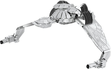 The Metal Earth: Bird of Prey Sta DIY kit features a detailed, metallic model of a bird of prey spacecraft, showcasing intricate design and craftsmanship. Ideal for hobbyists and enthusiasts, this kit allows for creative assembly without the need for glue or solder. Its shiny silver finish reflects light beautifully, making it a striking display piece once completed.