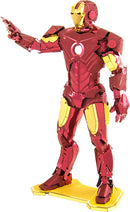 Metal Earth Iron Man color model kit 3D metal assembly figurine. Features intricate details in red and gold, with articulated arms and a base for display.