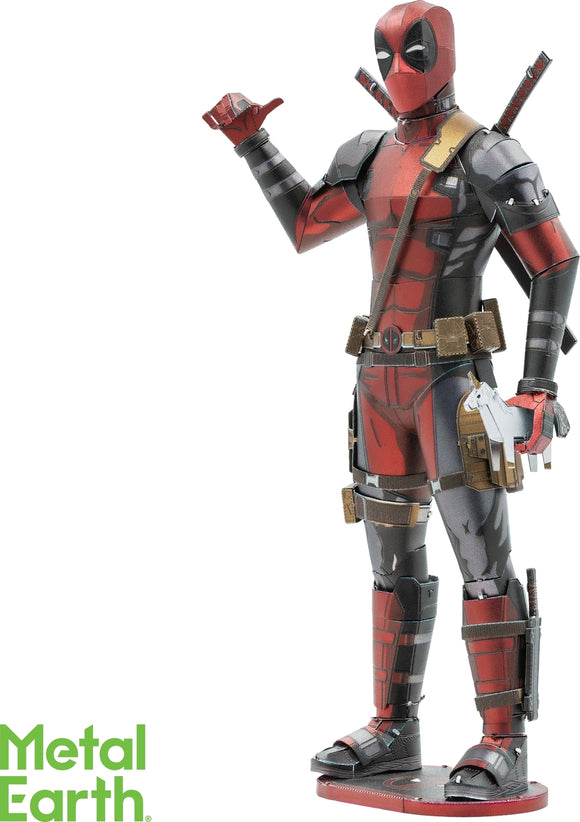 A detailed DIY Metal Earth model of Deadpool, showcasing vibrant red and black colors, with intricate weapon details and a dynamic pose. Ideal for fans and collectors.