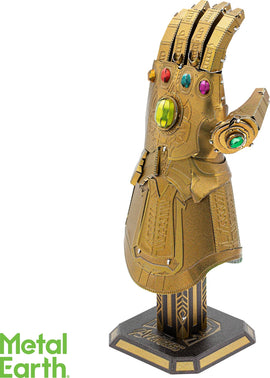 A detailed metal model of the Infinity Gauntlet from Marvel, featuring vibrant Infinity Stones, beautifully crafted with intricate designs and textures. Perfect for collectors and fans of DIY projects.