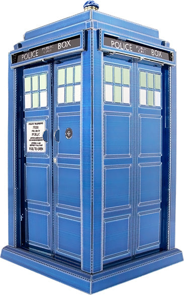 A detailed metal model of the TARDIS from Doctor Who, featuring its iconic blue police box design with windows and signage, perfect for fans of the series and DIY enthusiasts.