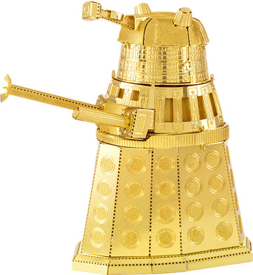 A detailed metal model of a gold Dalek from Doctor Who, showcasing intricate design, including raised patterns and small details like the eyestalk and gun.