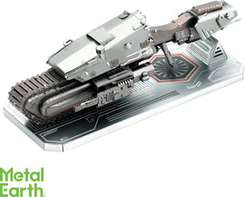Metal Earth First Order Tread DIY kit featuring a detailed metal model of a futuristic tank. The model is intricately designed with realistic features and mounted on a sleek base, perfect for collectors and Star Wars fans.