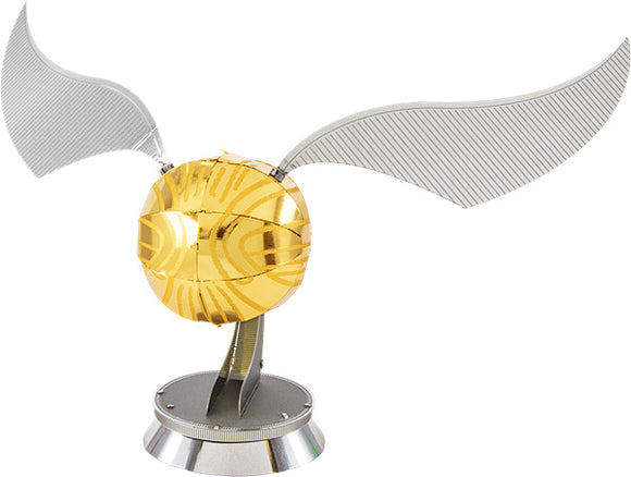 Metal Earth Golden Snitch DIY kit by Fascinations, featuring an intricately designed metallic model of the famous wizarding sport artifact. The model showcases a shiny golden ball with detailed wings, perfect for display or as a collectible.