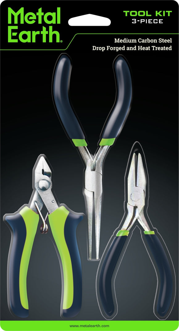 Metal Earth Tool Kit consisting of three pliers: needle-nose, cutting, and flat-nose. Each tool features a comfortable grip with a black and green design, made of medium carbon steel, drop forged and heat treated for durability.