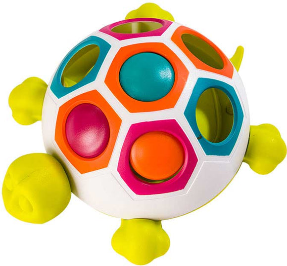 The Pop N Slide Shelly game by Fat Brain Toys features a colorful turtle design with a dome-shaped body adorned with hexagonal openings. Brightly colored buttons in shades of pink, orange, blue, and green are strategically placed on the surface, inviting tactile play. The turtle includes four small feet and a cheerful expression, making it visually appealing for children.