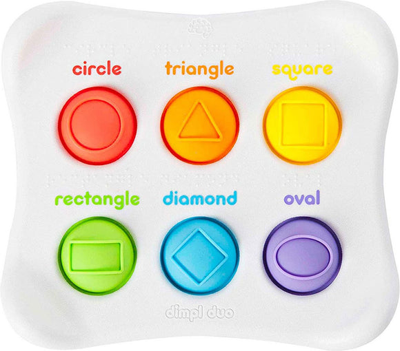 The Dimple Duo by Fat Brain, a sensory toy featuring six colorful buttons representing different shapes: circle, triangle, square, rectangle, diamond, and oval. The buttons are designed for tactile stimulation and promote visual and sensory exploration.