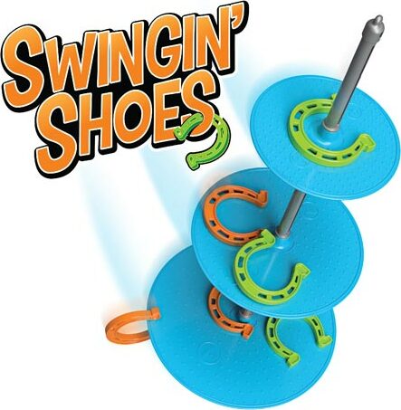 Swingin' Shoes game by Fat Brain features a colorful stacking design with vibrant discs and horseshoe-shaped rings. Players take turns swinging rings onto the pegs for interactive fun.