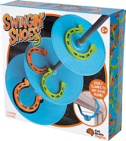 Swingin' Shoes game by Fat Brain Toys features colorful, swingable shoe-shaped discs that easily clamp to any door frame. Designed for 2 or more players, this engaging game encourages coordination and fun. Perfect for family gatherings and playdates, it offers active play opportunities for children aged 6 and up.