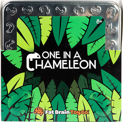 The 'One in a Chameleon' mechanical puzzle by Fat Brain Toys features an intricate design with colorful green leaves and a playful chameleon illustration. The tin packaging showcases the product name in bold white letters against the vibrant background, appealing to both children and adults. Ideal for those who enjoy brain teasers and mechanical challenges.