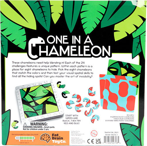 The product image showcases 'One in a Chameleon', a mechanical puzzle by Fat Brain Toys. The back of the box features a vibrant design with green leaves and playful chameleon illustrations. It describes the game, emphasizing its 24 unique challenges where players match chameleons to their hiding spots using visual-spatial skills. The puzzle includes a layout for starting with green and black chameleons and hints at the fun of mastering the art of invisibility.