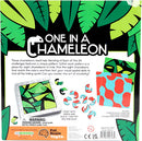 The product image showcases 'One in a Chameleon', a mechanical puzzle by Fat Brain Toys. The back of the box features a vibrant design with green leaves and playful chameleon illustrations. It describes the game, emphasizing its 24 unique challenges where players match chameleons to their hiding spots using visual-spatial skills. The puzzle includes a layout for starting with green and black chameleons and hints at the fun of mastering the art of invisibility.