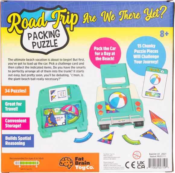 Road Trip Packing Puzzle by Fat Brain Toys, a mechanical puzzle designed for ages 8 and up. The puzzle features 15 chunky pieces representing items to pack for a beach day. Users pick a challenge card and arrange puzzle pieces into a toy car trunk. Highlights include 34 puzzles, convenient storage, and a focus on building spatial reasoning. Ideal for travel and enhancing problem-solving skills.