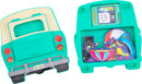 A colorful mechanical puzzle designed like a classic road trip vehicle. The puzzle features a teal exterior and opens up to reveal various pieces representing road trip essentials like a beach ball, a cassette player, and roller skates inside. Perfect for engaging young minds in fun problem-solving activities.
