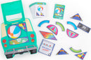 Fat Brain Toys' Road Trip Packing Puzzle is a mechanical puzzle featuring colorful pieces that form a fun road trip scene. It includes cards with challenges, vibrant puzzle pieces like beach balls, umbrellas, and a 'Ice Cold Drinks!' cooler, all designed to fit into a retro-themed car outline. Perfect for both kids and adults who enjoy engaging problem-solving activities.