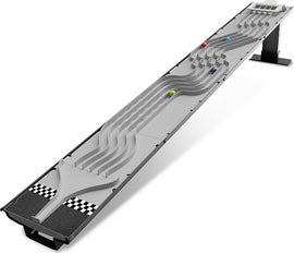 Downhill Durby game by Fat Brain featuring a sleek racing track setup with multiple lanes for playful competition, designed for fun and engaging playtime. The track includes colored balls that race down the slopes, fostering excitement and strategic gameplay for players of all ages.