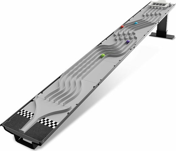 Downhill Durby game by Fat Brain featuring a sleek racing track setup with multiple lanes for playful competition, designed for fun and engaging playtime. The track includes colored balls that race down the slopes, fostering excitement and strategic gameplay for players of all ages.