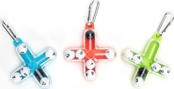 Tiltago Keychain Asst by Fat Brain features three colorful mechanical puzzles in blue, red, and green. Each puzzle contains numbered balls inside a transparent casing, designed to challenge your problem-solving skills. Ideal for fidgeting and keeping your hands busy while on the go. The keychain design allows for easy attachment to bags or keys, making it a fun and portable stress-relief tool.
