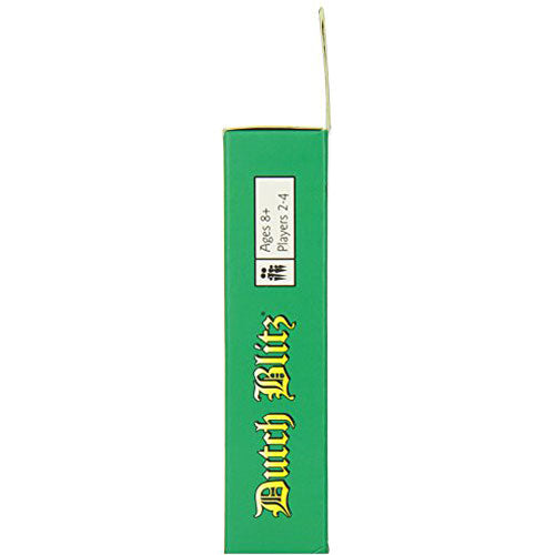 Side view of the Dutch Blitz game box, showcasing its vibrant green color and the title 'Dutch Blitz' in decorative yellow font. The label indicates the game is designed for ages 8 and up, suitable for 2 to 4 players, making it a perfect choice for family game nights or gatherings with friends.