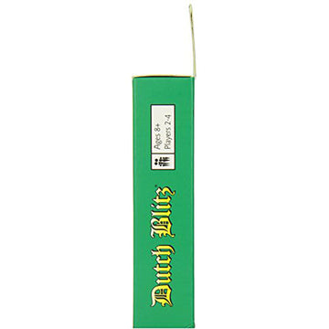 Side view of the Dutch Blitz game box, showcasing its vibrant green color and the title 'Dutch Blitz' in decorative yellow font. The label indicates the game is designed for ages 8 and up, suitable for 2 to 4 players, making it a perfect choice for family game nights or gatherings with friends.