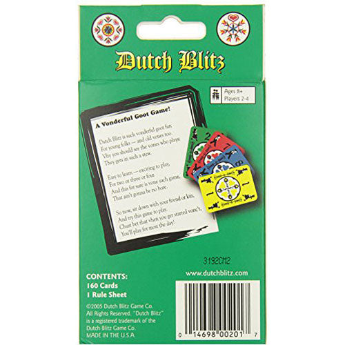 Dutch Blitz card game packaging showcasing the vibrant artwork and design. The back of the package includes a description of the game, highlighting its fast-paced and family-friendly nature. The package contains 160 cards and 1 rule sheet, suitable for ages 8 and up, and designed for 2 to 4 players.