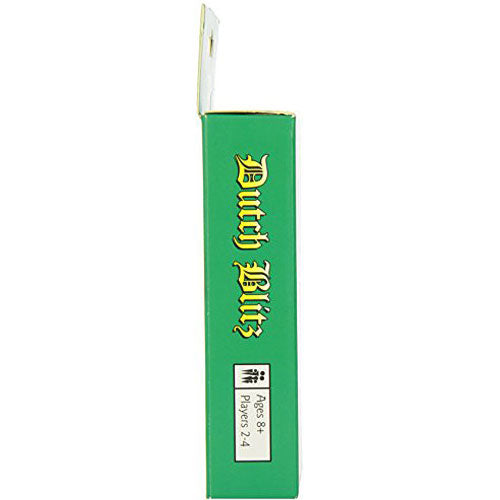 Side view of the Dutch Blitz game box featuring vibrant green packaging and gold lettering. It states that the game is suitable for ages 8 and up, and can be played with 2 to 4 players.