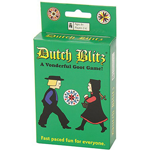 Dutch Blitz game box showcasing vibrant artwork featuring a playful scene of two characters, one male and one female, amidst colorful designs. The box is designed for ages 8 and older and can accommodate 2 to 4 players. Emphasizes fast-paced fun and excitement for family and friends.