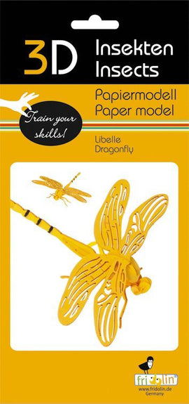 3D Paper Model Dragonfly kit by fridolin, featuring a vibrant yellow design. The kit includes all necessary components to assemble a realistic dragonfly model, encouraging creativity and fine motor skills. Ideal for DIY enthusiasts and craft lovers.