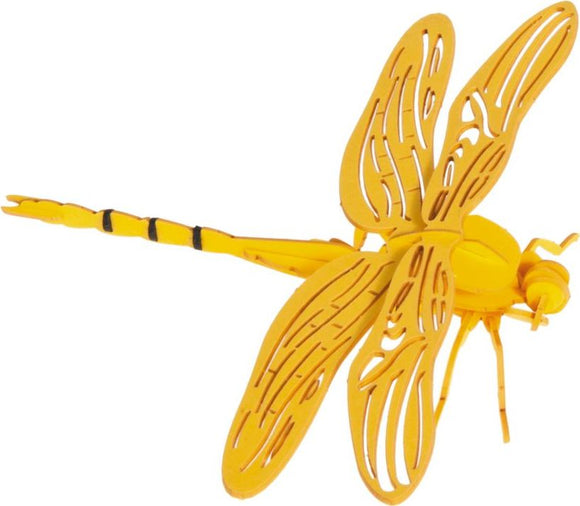 A vibrant 3D paper model of a dragonfly, intricately designed with open wings and detailed body, crafted from bright yellow paper. This DIY kit combines creativity and craftsmanship, perfect for all ages.