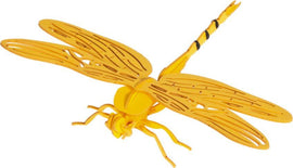 A bright yellow 3D paper model dragonfly featuring intricate wing designs and detailed body structure. Designed as a DIY kit, it showcases artistic craftsmanship and can be assembled into a decorative piece.