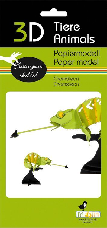 3D Paper Model Chameleon DIY kit by fridolin, featuring a vibrant green chameleon and its young on a black stand, designed for creative building and skill development.