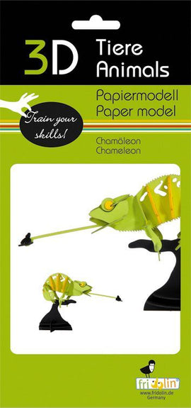 3D Paper Model Chameleon DIY kit by fridolin, featuring a vibrant green chameleon and its young on a black stand, designed for creative building and skill development.