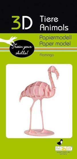 A beautifully crafted 3D Paper Model of a flamingo, featuring a pastel pink color, intricately designed to showcase its elegant shape. The model stands on a round base, highlighting its long neck and legs. This DIY kit encourages creativity and fine motor skills.