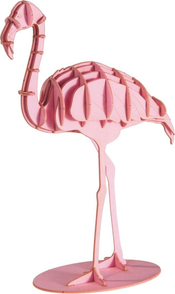 A colorful 3D paper model of a flamingo standing on a round base. The flamingo features an intricate design with layered bright pink paper, showcasing its distinct shape and long legs. Perfect for DIY enthusiasts and crafters looking to create a unique decorative piece.