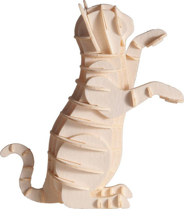 A 3D paper model kit depicting a white cat in a playful pose. The model features intricate cut-outs and layered design, perfect for DIY enthusiasts. Ideal for home decor or a fun creative project.