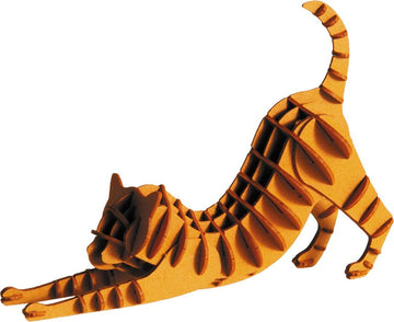 A 3D paper model of a red-brown cat stretching. The cat is designed with intricate layers that give it a dimensional look, showcasing its playful pose and detailed features.