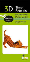 3D paper model kit featuring a red-brown cat by fridolin. The packaging showcases the assembled model, highlighting its intricate design and vibrant color. Ideal for DIY enthusiasts, it promotes creativity and fine motor skills.