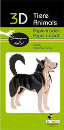 A colorful packaging of a 3D paper model DIY kit featuring a Siberian Husky. The model is designed with detailed paper cuts and layers to create a lifelike representation of the dog. The package includes easy-to-follow instructions for assembling the model, ideal for craft enthusiasts and as a fun family project.