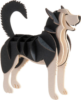 3D Paper Model of a Siberian Husky made of layered wood pieces, showcasing intricate design with a playful expression. Perfect for DIY enthusiasts.