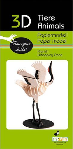 The 3D Paper Model Whooping Crane kit by fridolin features a beautifully designed crane with intricately cut paper parts. The model stands on a black base and showcases its extended wings and detailed features, perfect for DIY enthusiasts and craft lovers looking to train their skills. The packaging highlights the model with bright colors and informative text, making it visually appealing.