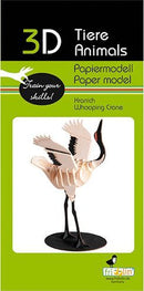 The 3D Paper Model Whooping Crane kit by fridolin features a beautifully designed crane with intricately cut paper parts. The model stands on a black base and showcases its extended wings and detailed features, perfect for DIY enthusiasts and craft lovers looking to train their skills. The packaging highlights the model with bright colors and informative text, making it visually appealing.